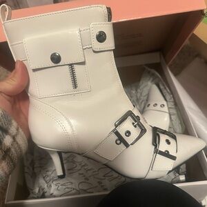 Wild Pair White Heeled Boots with Buckles